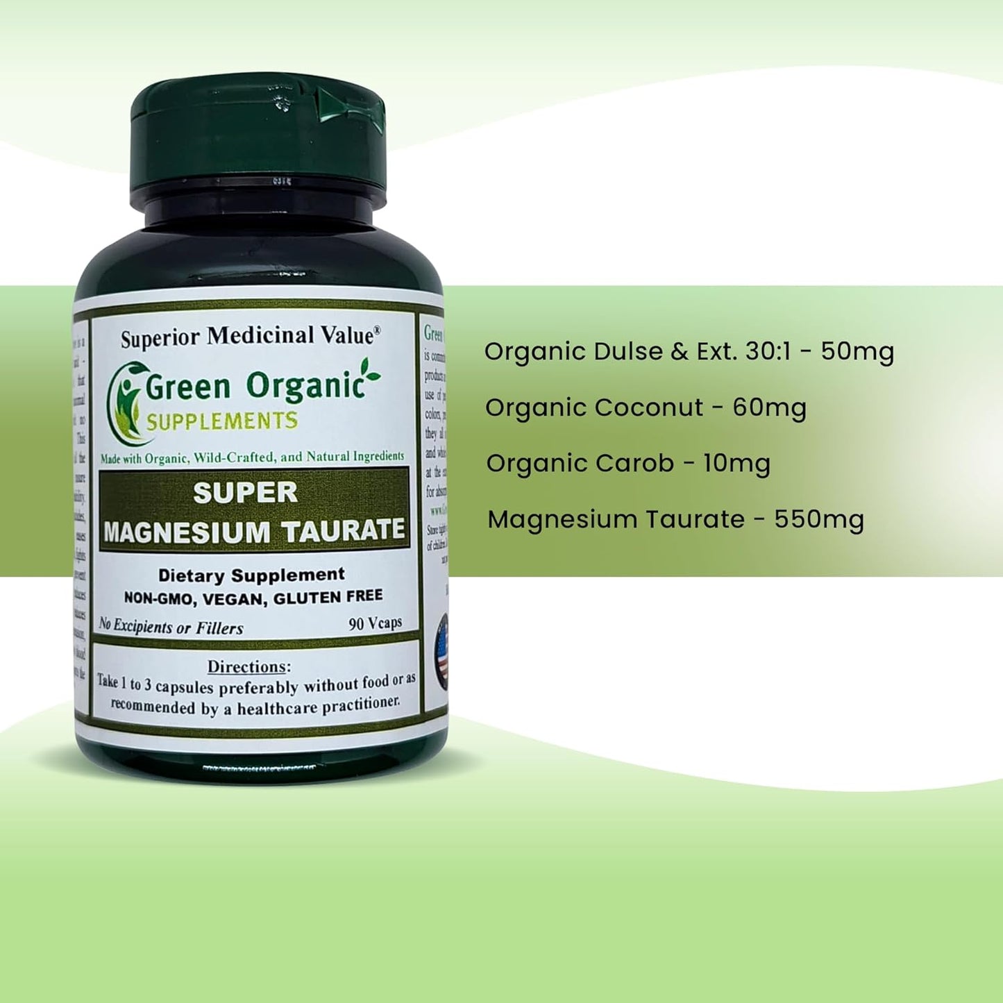 Organic Magnesium Taurate Supplement - High Absorption, Non-GMO, Vegan, Gluten-Free - 90 Capsules, Made with Organic Ingredients