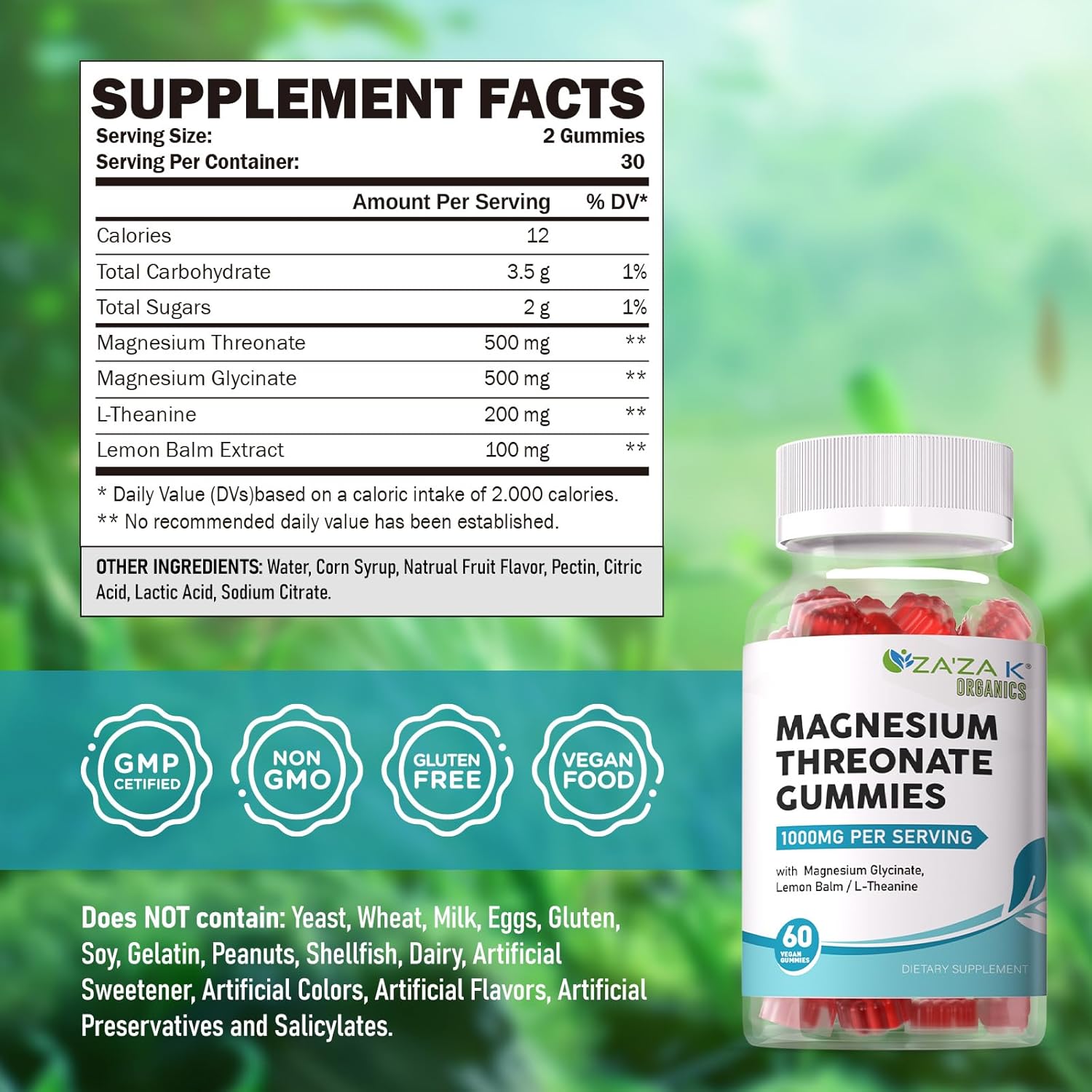 Organic Magnesium Threonate Gummies with L-Theanine & Lemon Balm - 500mg, Brain Health Supplement for Kids & Adults - 60 Count