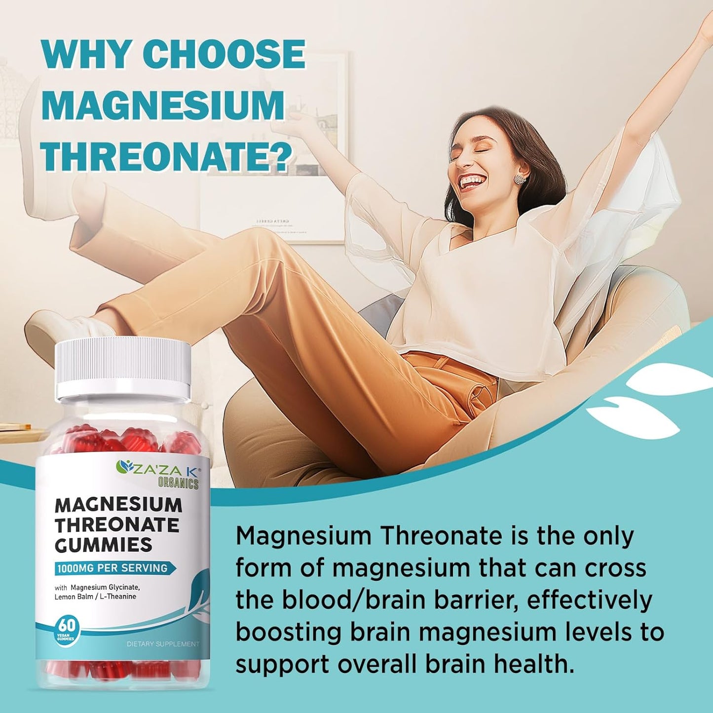 Organic Magnesium Threonate Gummies with L-Theanine & Lemon Balm - 500mg, Brain Health Supplement for Kids & Adults - 60 Count