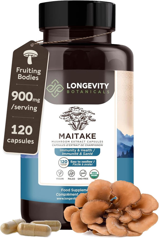 Organic Maitake Mushroom Capsules - Ultra Concentrated Supplement for Balanced Immune System - 100% Fruiting Body - 120 Capsules