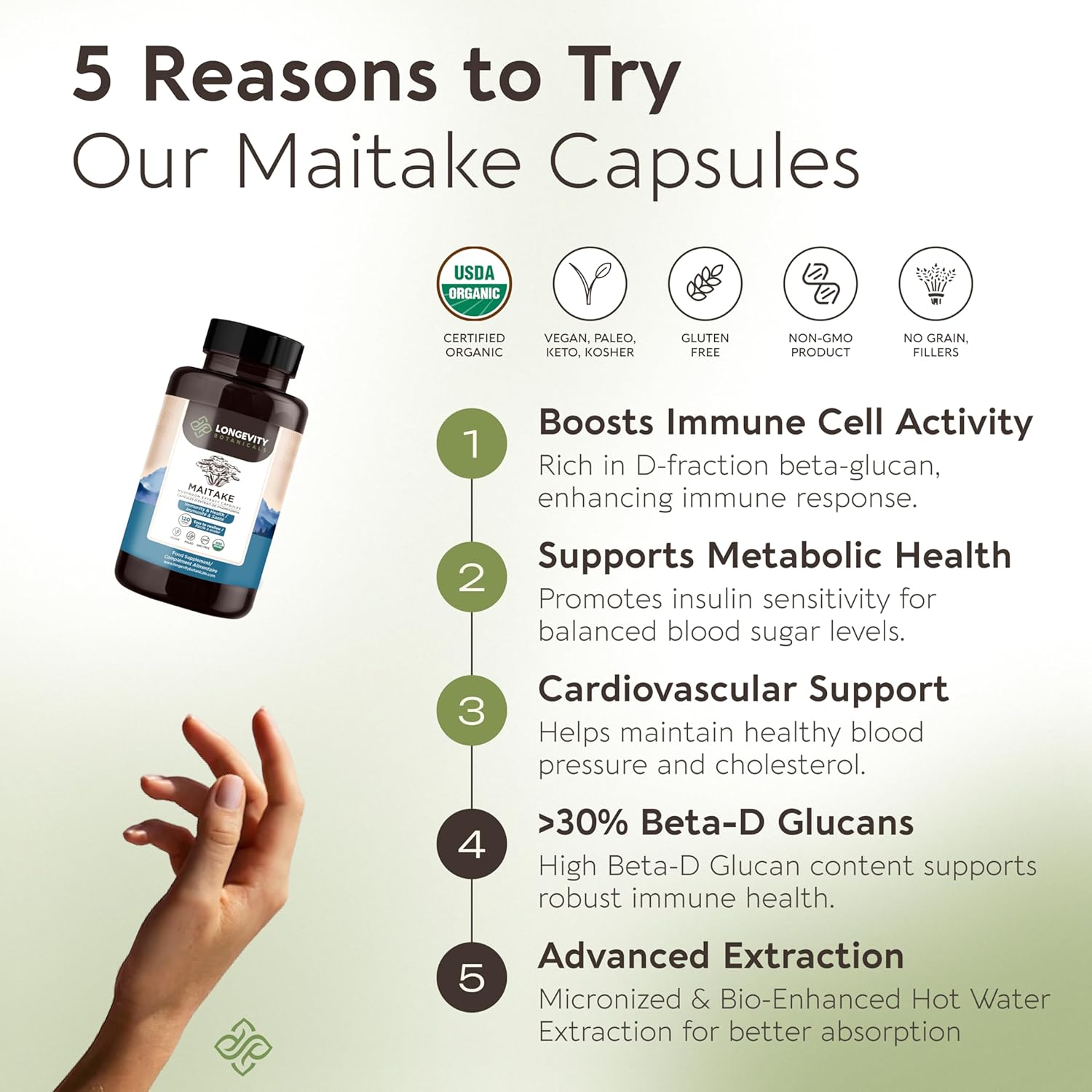 Organic Maitake Mushroom Capsules - Ultra Concentrated Supplement for Balanced Immune System - 100% Fruiting Body - 120 Capsules