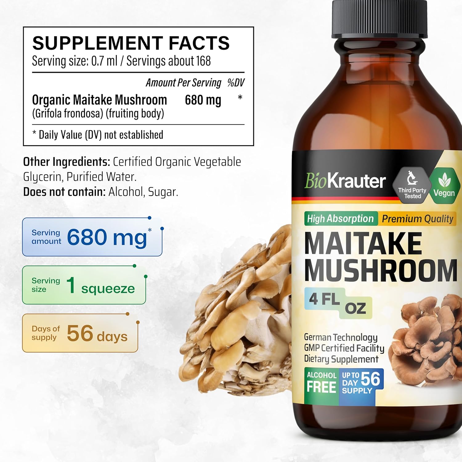 Organic Maitake Mushroom Extract Liquid Supplement for Immune Support - 680mg per Serving - Vegan, Alcohol & Sugar Free - 4 Fl.Oz.