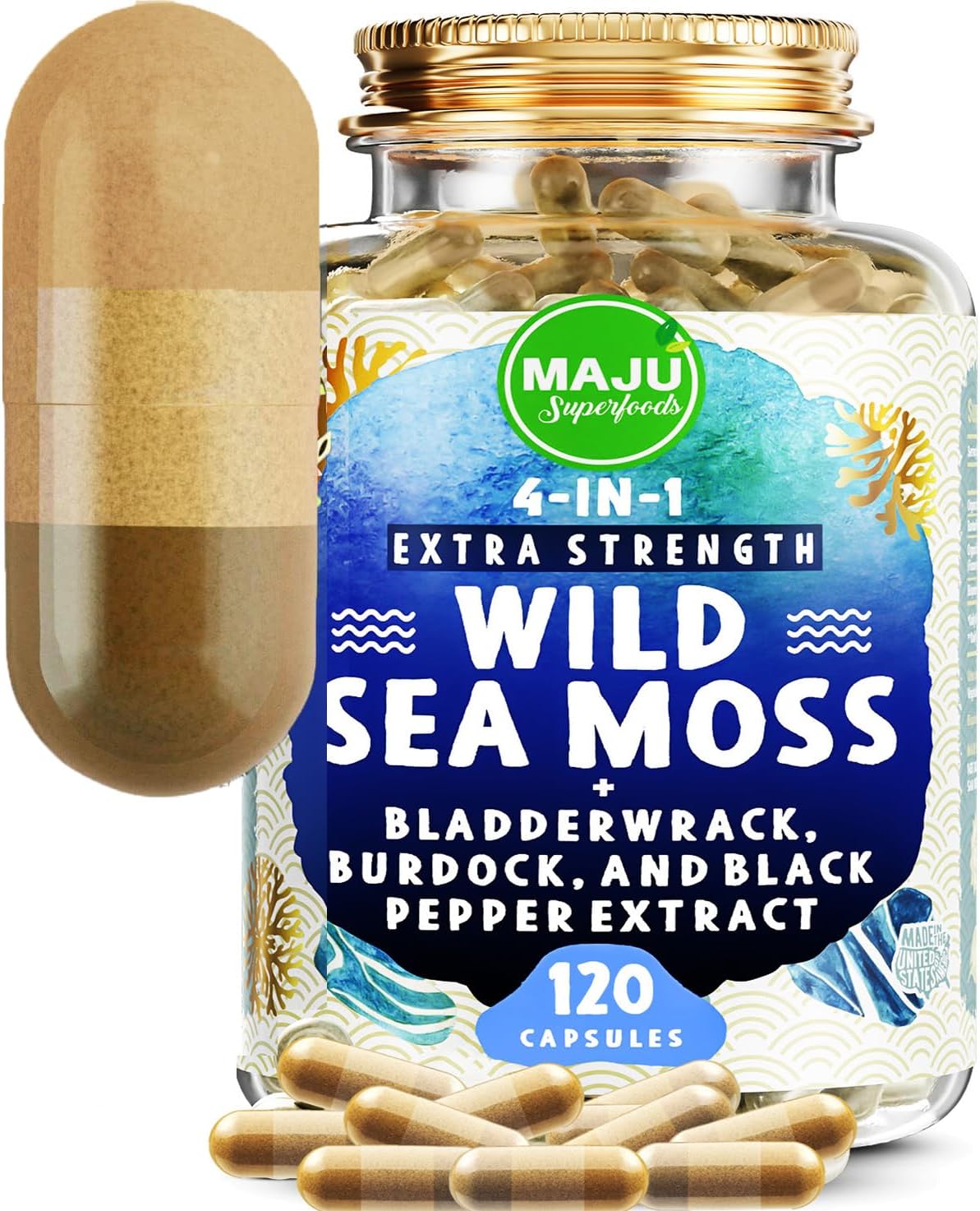 Organic MAJU Wild Irish Sea Moss Capsules with Bladderwrack & Burdock Root - 120 Count - Sebi Inspired - Raw - Seamoss Pills Powder