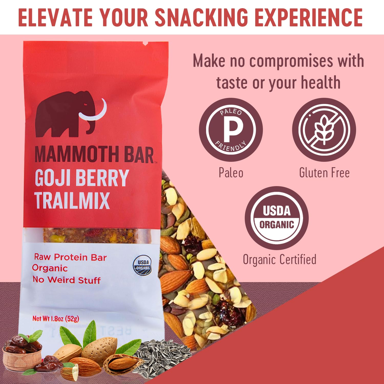 Organic Mammoth Bar Goji Berry Trail Mix with 12g Protein - Premium Ingredients: Almonds, Pistachios, Sunflower Seeds, Dates, Egg White. Paleo, Gluten Free, Raw