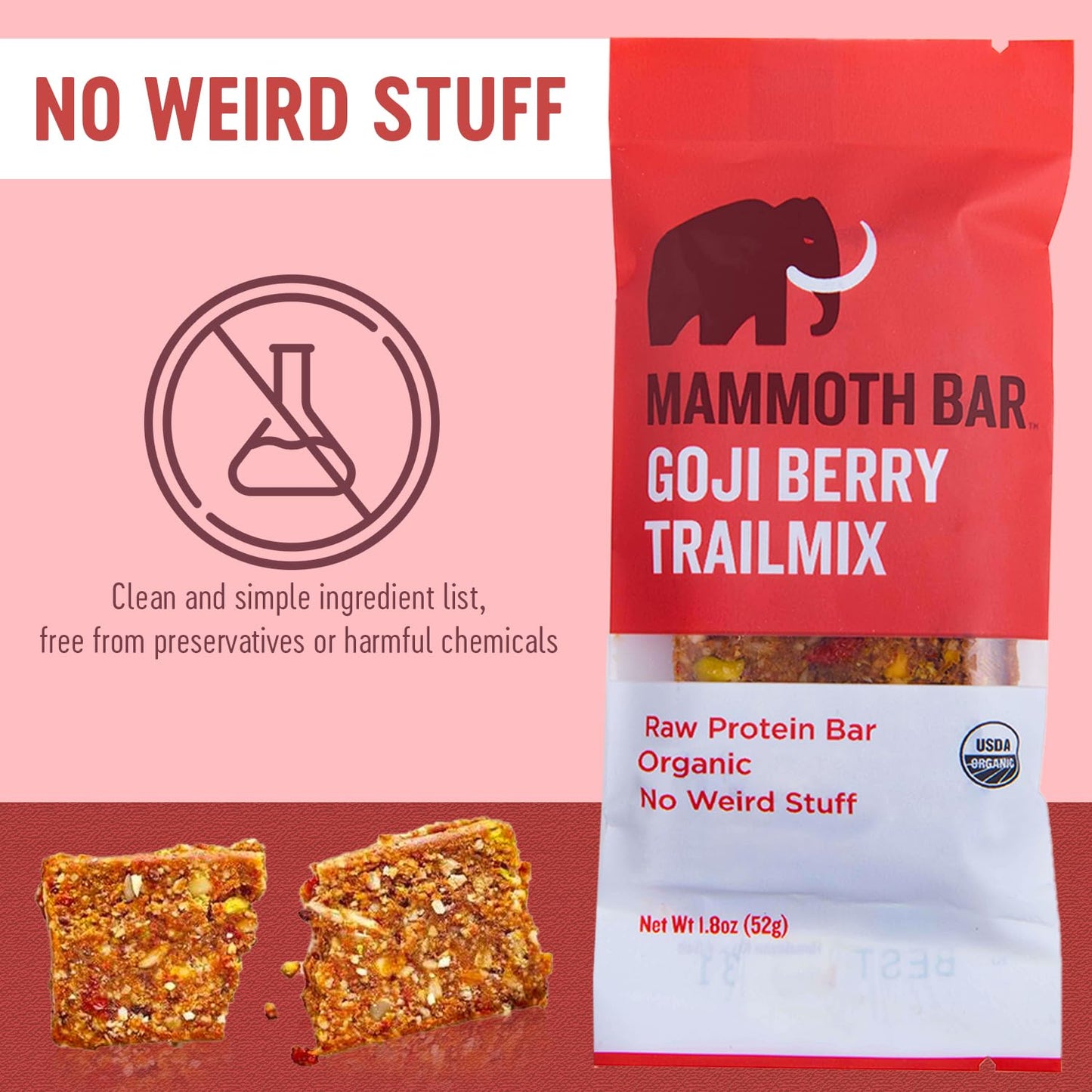 Organic Mammoth Bar Goji Berry Trail Mix with 12g Protein - Premium Ingredients: Almonds, Pistachios, Sunflower Seeds, Dates, Egg White. Paleo, Gluten Free, Raw