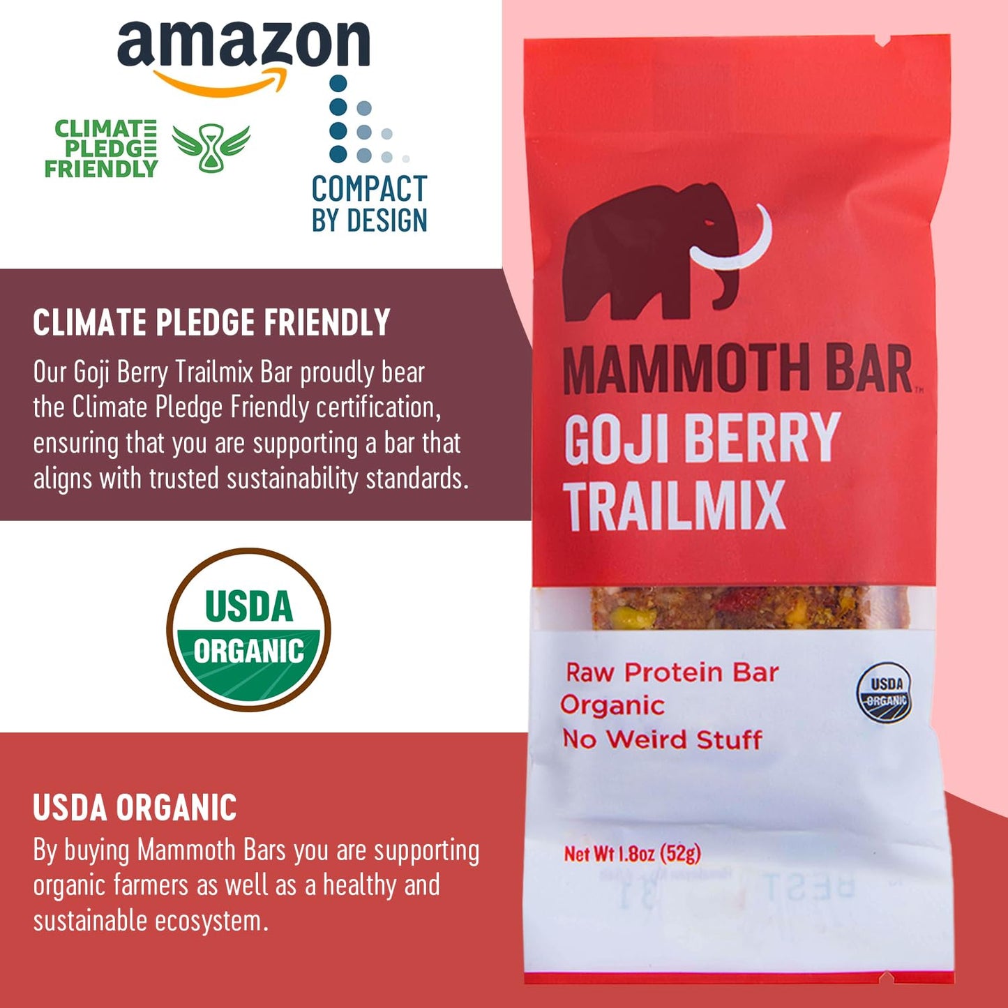 Organic Mammoth Bar Goji Berry Trail Mix with 12g Protein - Premium Ingredients: Almonds, Pistachios, Sunflower Seeds, Dates, Egg White. Paleo, Gluten Free, Raw