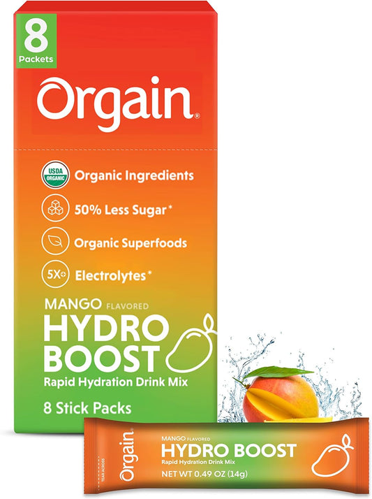 Organic Mango Electrolyte Powder Packets with Superfoods - Vegan, Gluten-Free, Non-GMO, Low Sugar, 8 Count