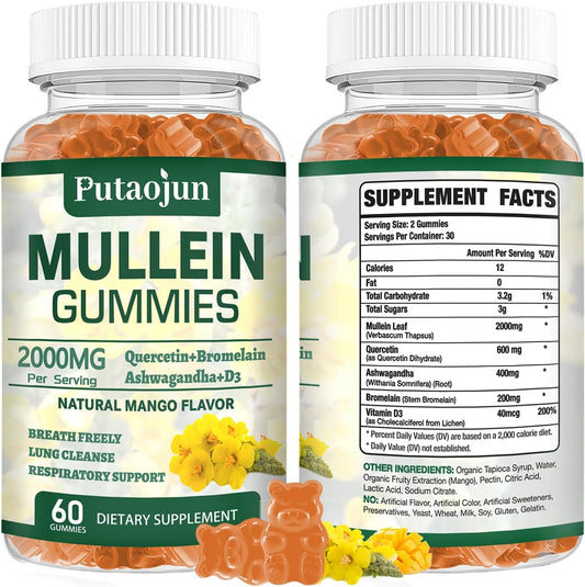 Organic Mango Mullein Gummies for Lung Support | Vegetarian Mullein Supplements | Immune Boosting Mullein Leaf Extract Gummies