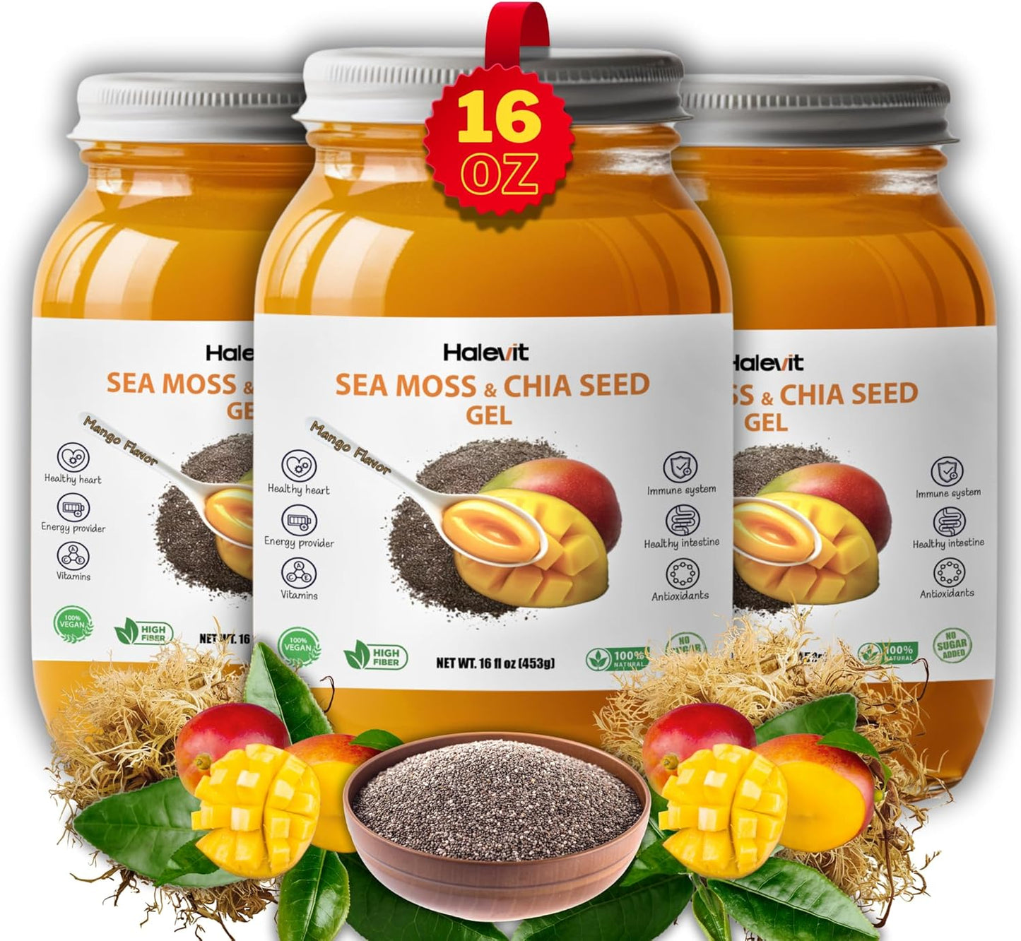 Organic Mango Sea Moss Gel with Ground Chia Seeds - Rich in Iodine & Omega-3 for Immune & Digestive Support - Vegan Superfood - 16 oz, Made in USA