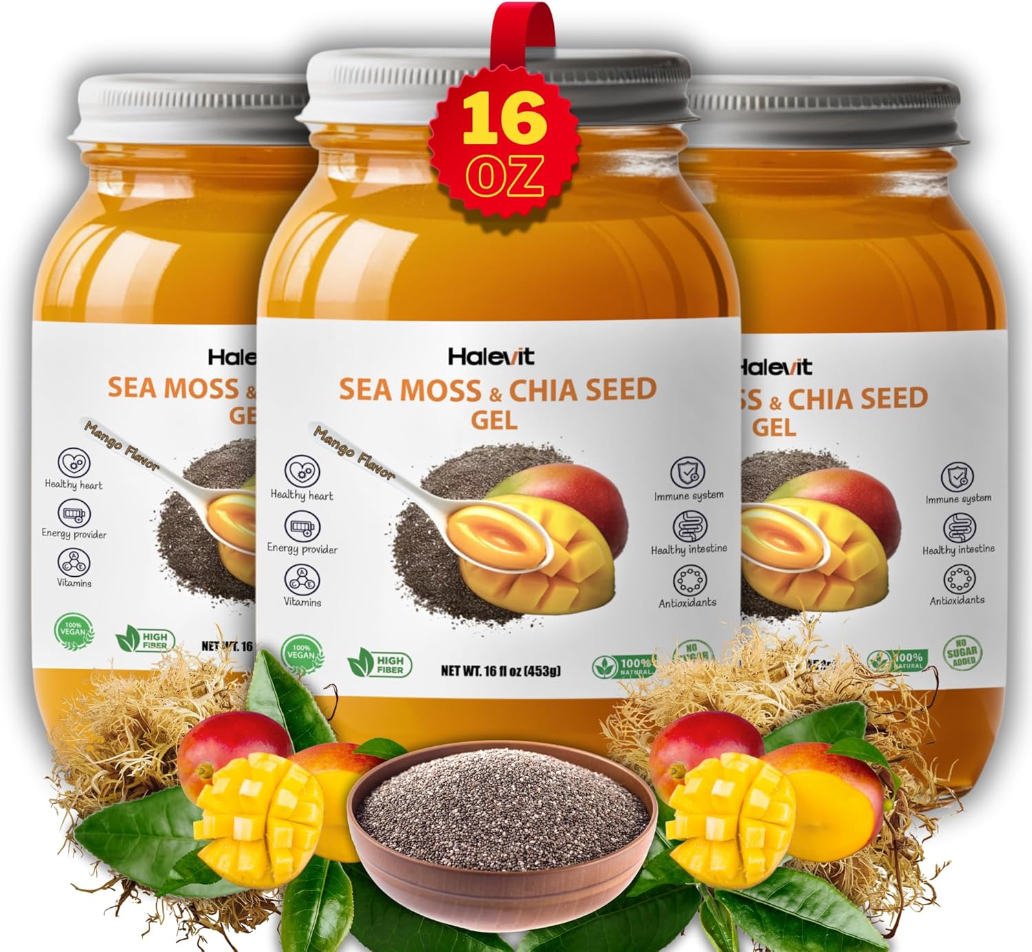 Organic Mango Sea Moss Gel with Ground Chia Seeds - Rich in Iodine & Omega-3 for Immune & Digestive Support - Vegan Superfood - 16 oz, Made in USA