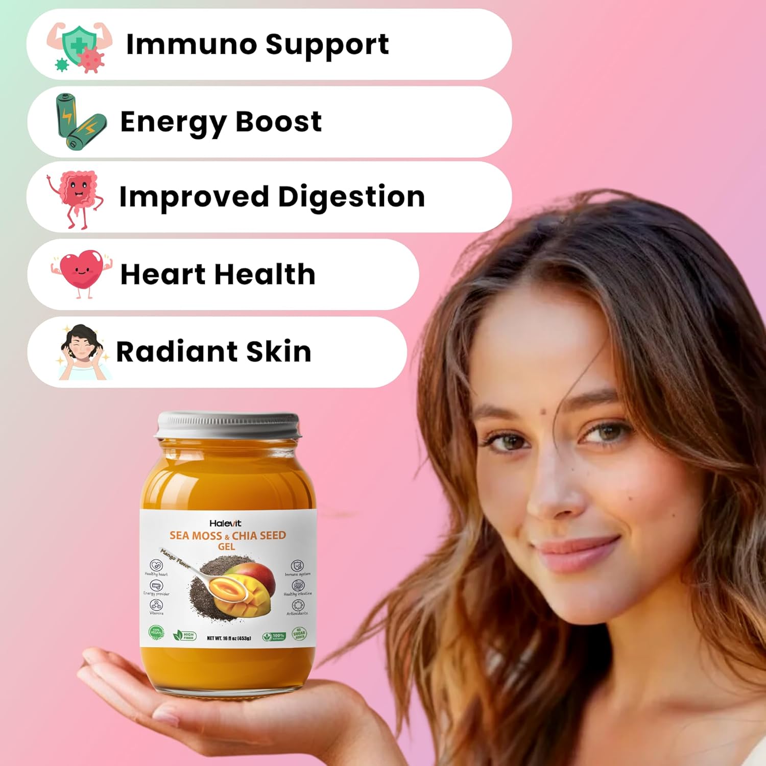 Organic Mango Sea Moss Gel with Ground Chia Seeds - Rich in Iodine & Omega-3 for Immune & Digestive Support - Vegan Superfood - 16 oz, Made in USA