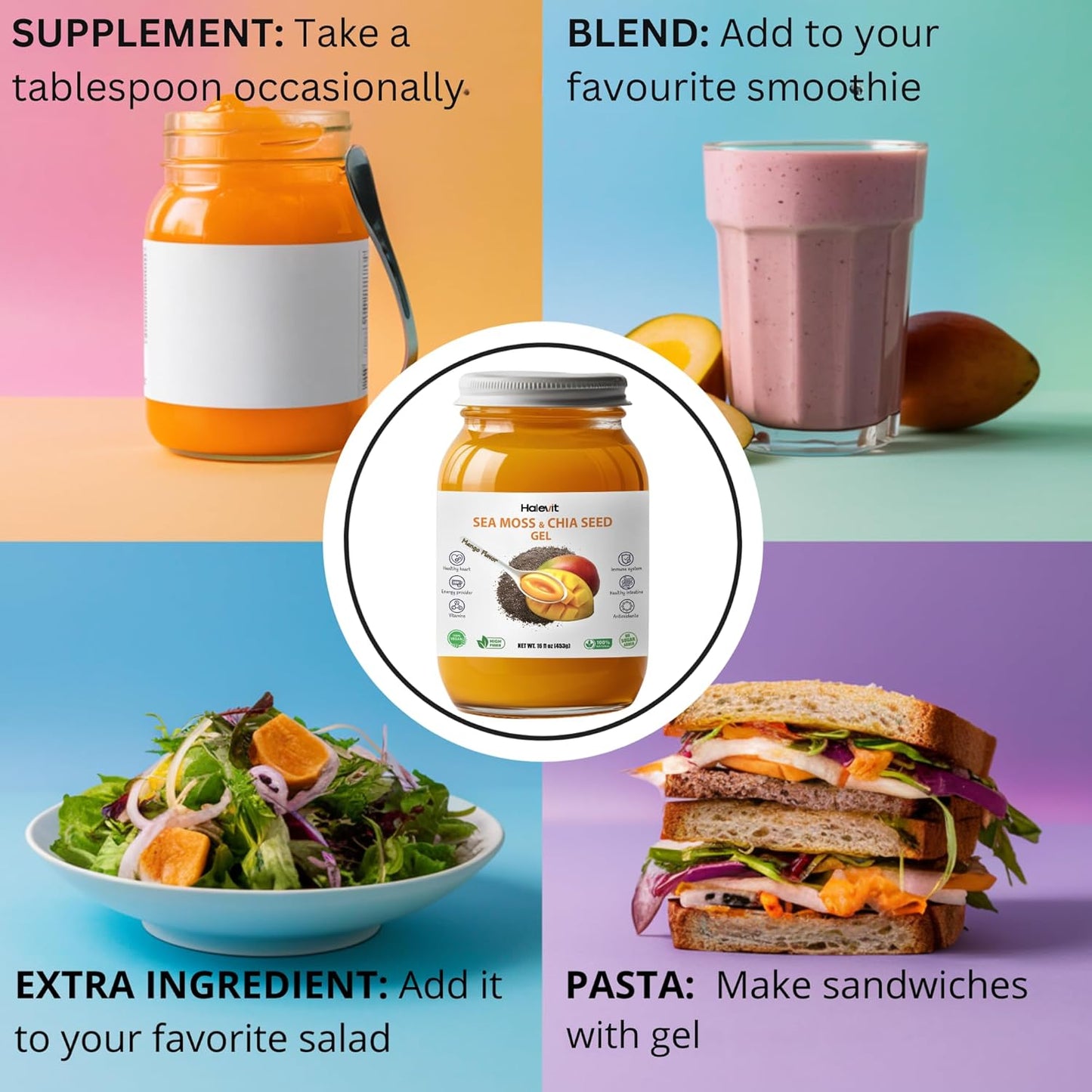 Organic Mango Sea Moss Gel with Ground Chia Seeds - Rich in Iodine & Omega-3 for Immune & Digestive Support - Vegan Superfood - 16 oz, Made in USA