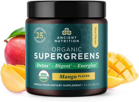 Organic Mango SuperGreens Powder with Probiotics for Digestive and Energy Support - 12 Servings