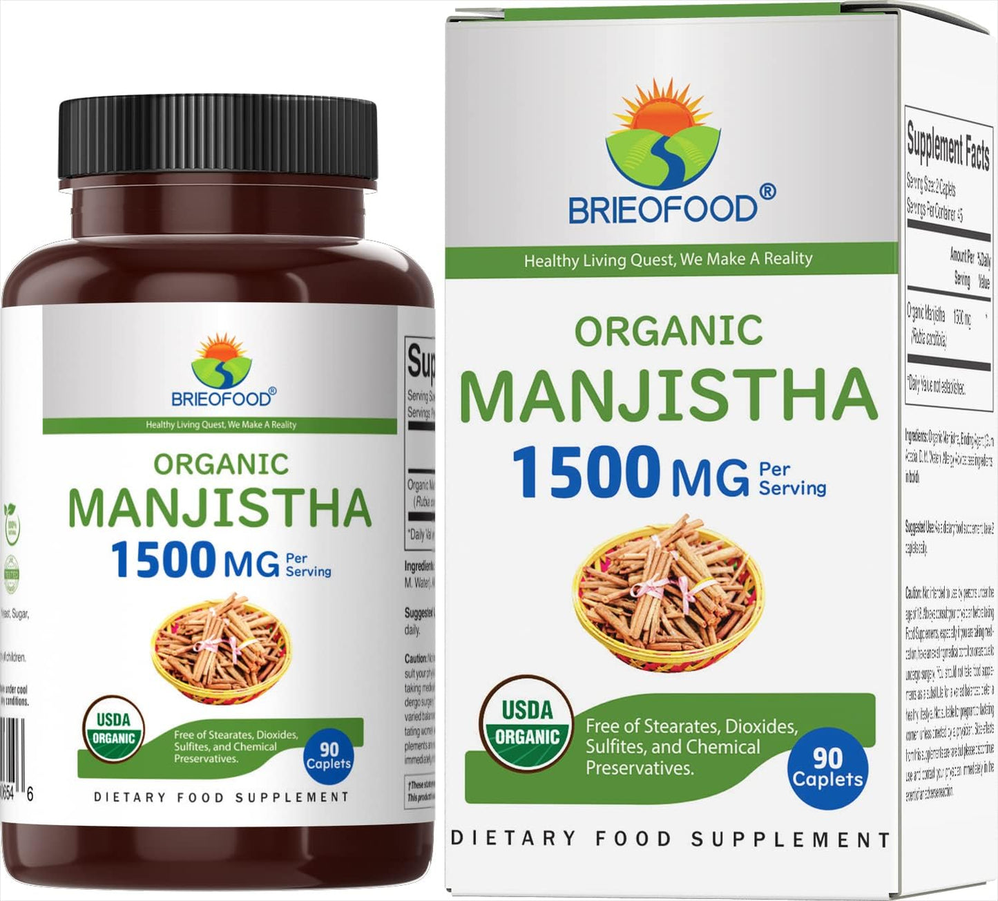 Organic Manjistha 1500mg Tablets - 45 Servings, Vegetarian, Gluten Free