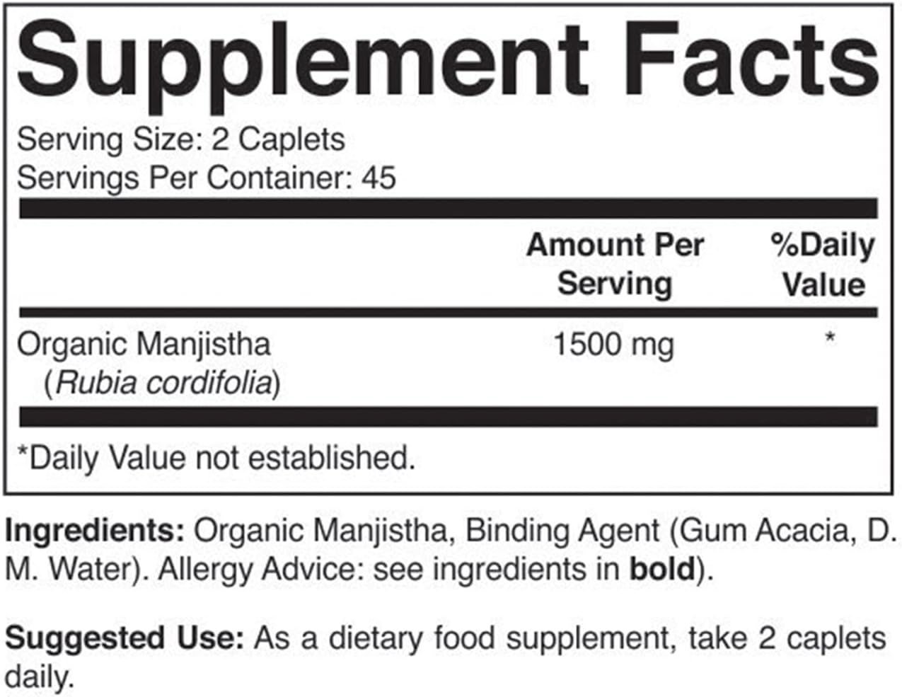 Organic Manjistha 1500mg Tablets - 45 Servings, Vegetarian, Gluten Free
