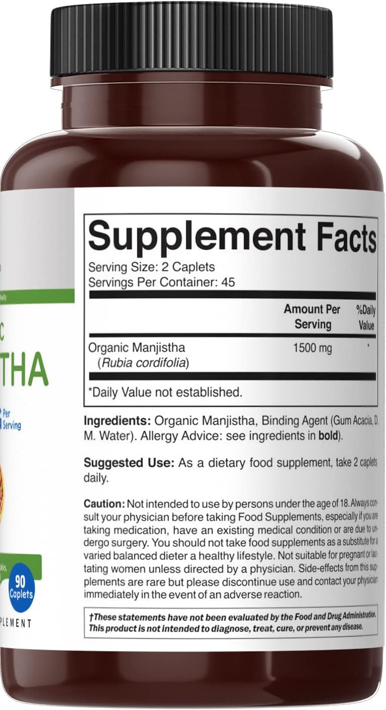 Organic Manjistha 1500mg Tablets - 45 Servings, Vegetarian, Gluten Free