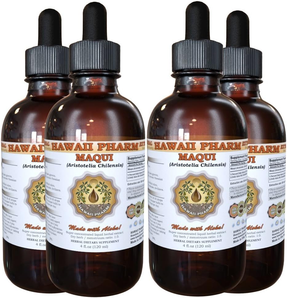 Organic Maqui Liquid Extract Tincture Supplement 4x4 oz by Hawaii Pharm - Aristotelia chilensis