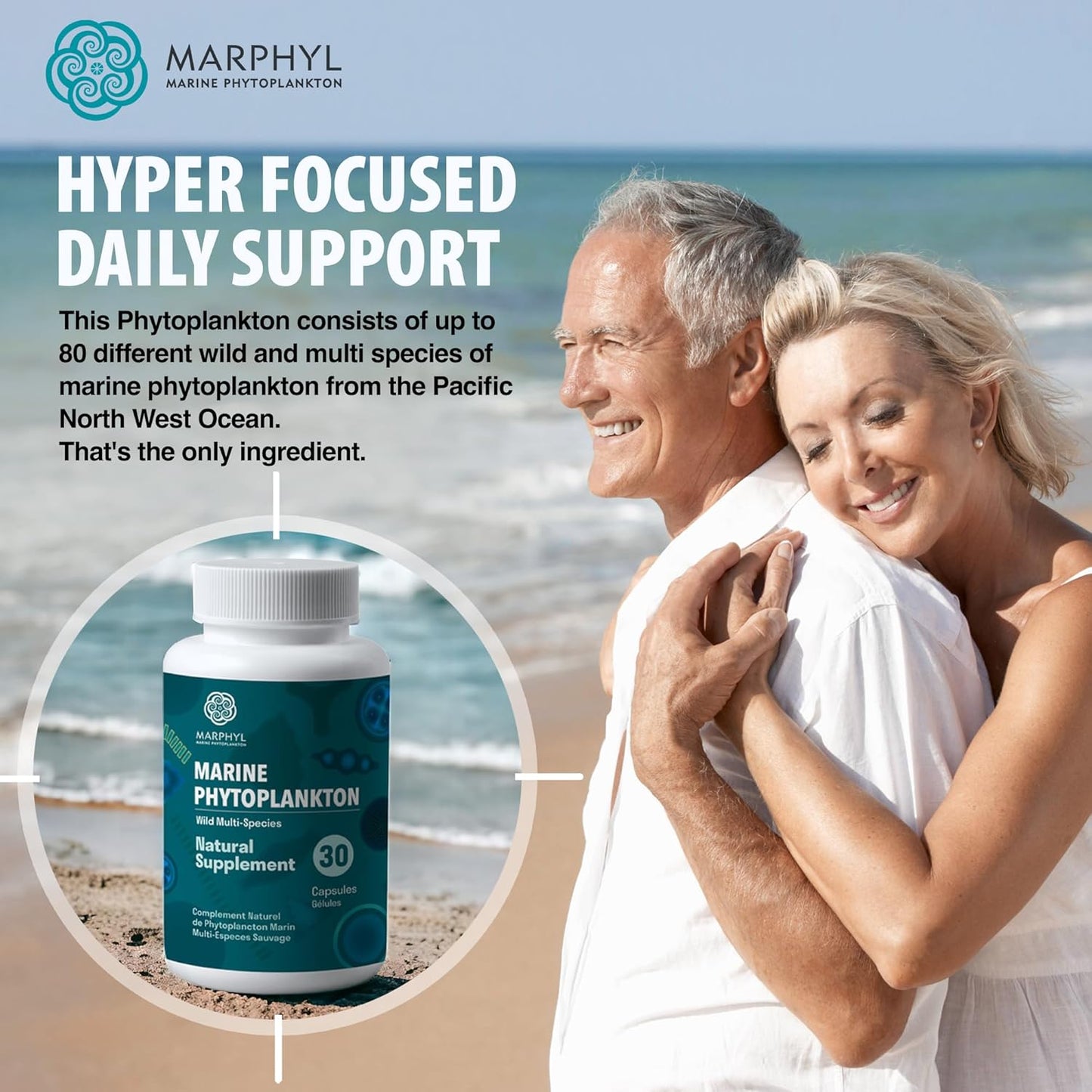 Organic MARPHYL Marine Phytoplankton Supplement Capsules - 150mg - 30 Vegan Capsules - Wild Multi Species - Vancouver Island, Canada