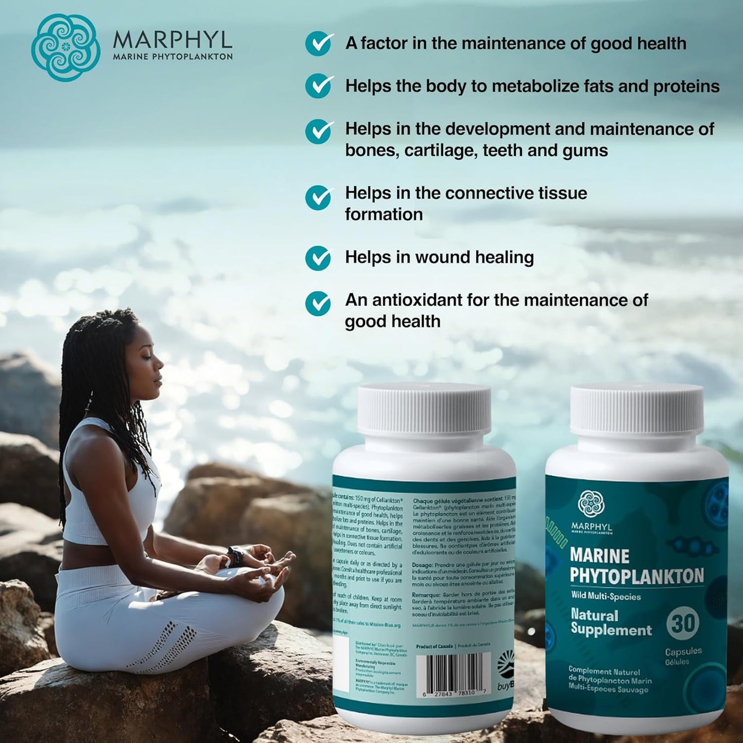 Organic MARPHYL Marine Phytoplankton Supplement Capsules - 150mg - 30 Vegan Capsules - Wild Multi Species - Vancouver Island, Canada