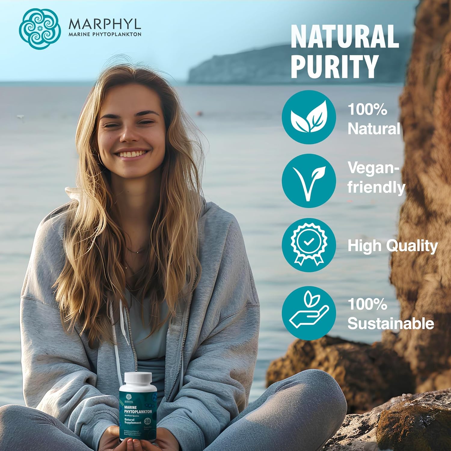 Organic MARPHYL Marine Phytoplankton Supplement Capsules - 150mg - 30 Vegan Capsules - Wild Multi Species - Vancouver Island, Canada