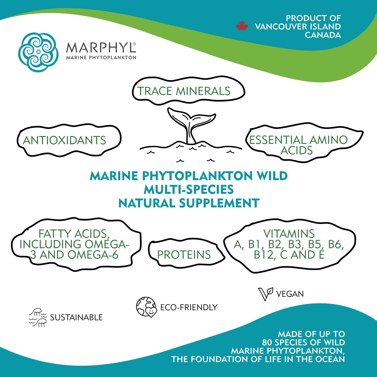 Organic MARPHYL Marine Phytoplankton Supplement Capsules - 150mg - 30 Vegan Capsules - Wild Multi Species - Vancouver Island, Canada