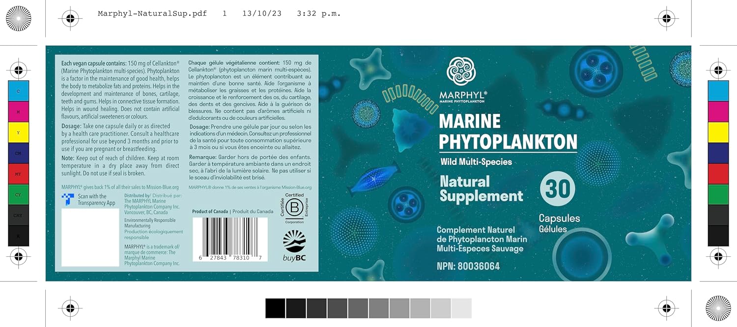 Organic MARPHYL Marine Phytoplankton Supplement Capsules - 150mg - 30 Vegan Capsules - Wild Multi Species - Vancouver Island, Canada