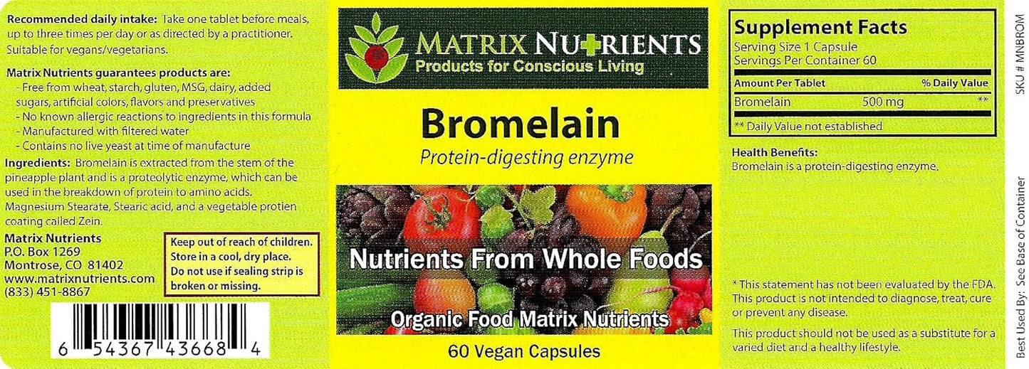 Organic Matrix Nutrients BROMELAIN Capsules - 100% Vegan Protein-Digesting Enzyme for Improved Digestion (60ct)
