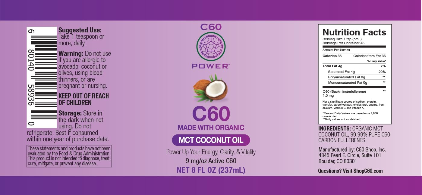Organic MCT Coconut Oil with C60 - 8 oz for Optimal Mitochondrial Function and Reduced Oxidative Stress