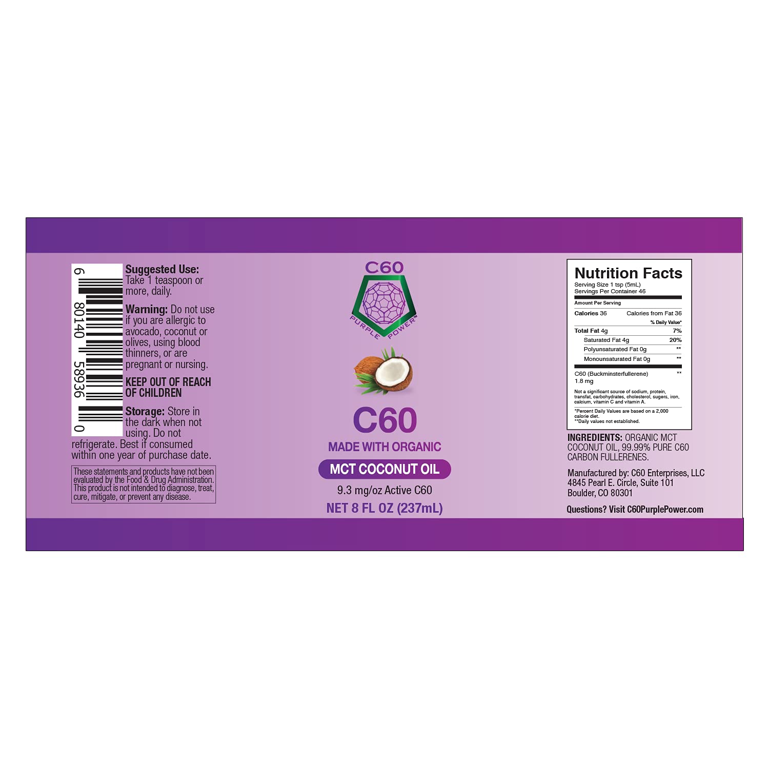 Organic MCT Coconut Oil with C60 - 8 oz for Optimal Mitochondrial Function and Reduced Oxidative Stress