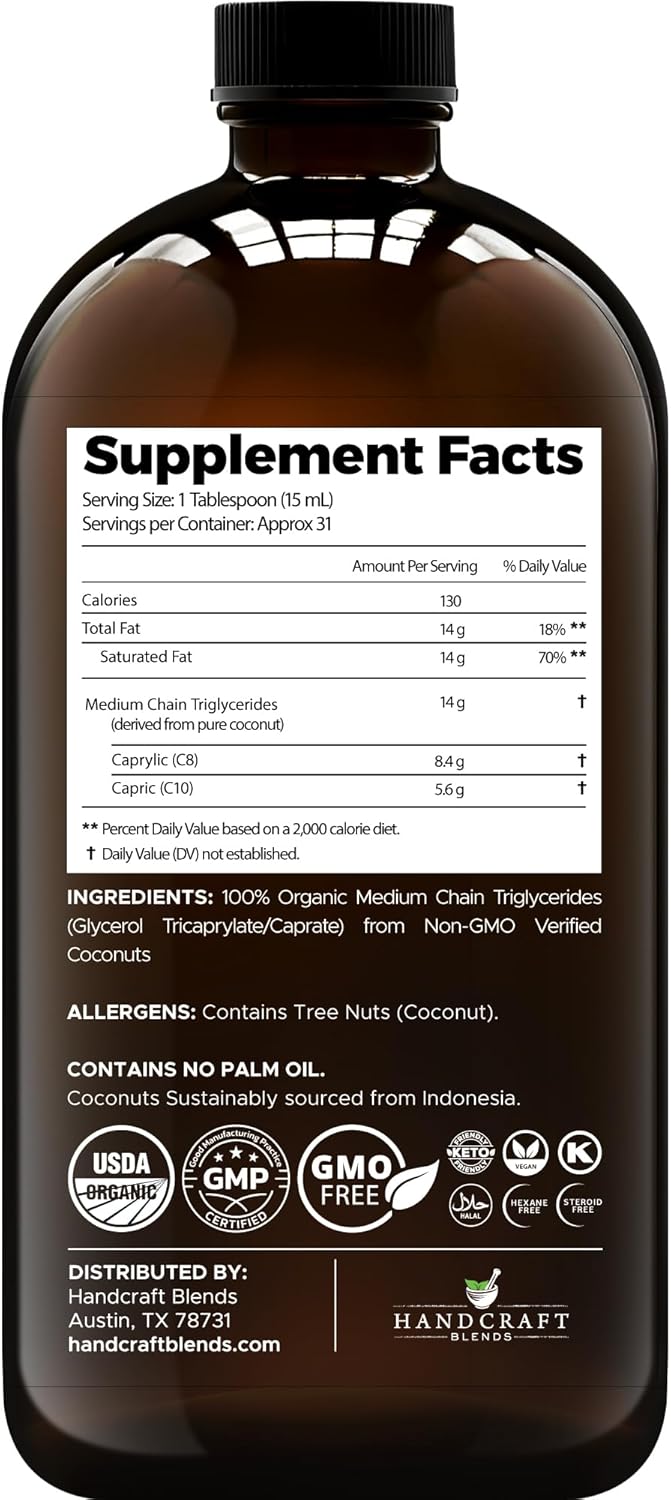 Organic MCT Oil 16 Fl oz - Handcrafted from Coconuts, Keto Friendly, Non-GMO, Vegan - Ideal for Coffee, Tea, and Beverages