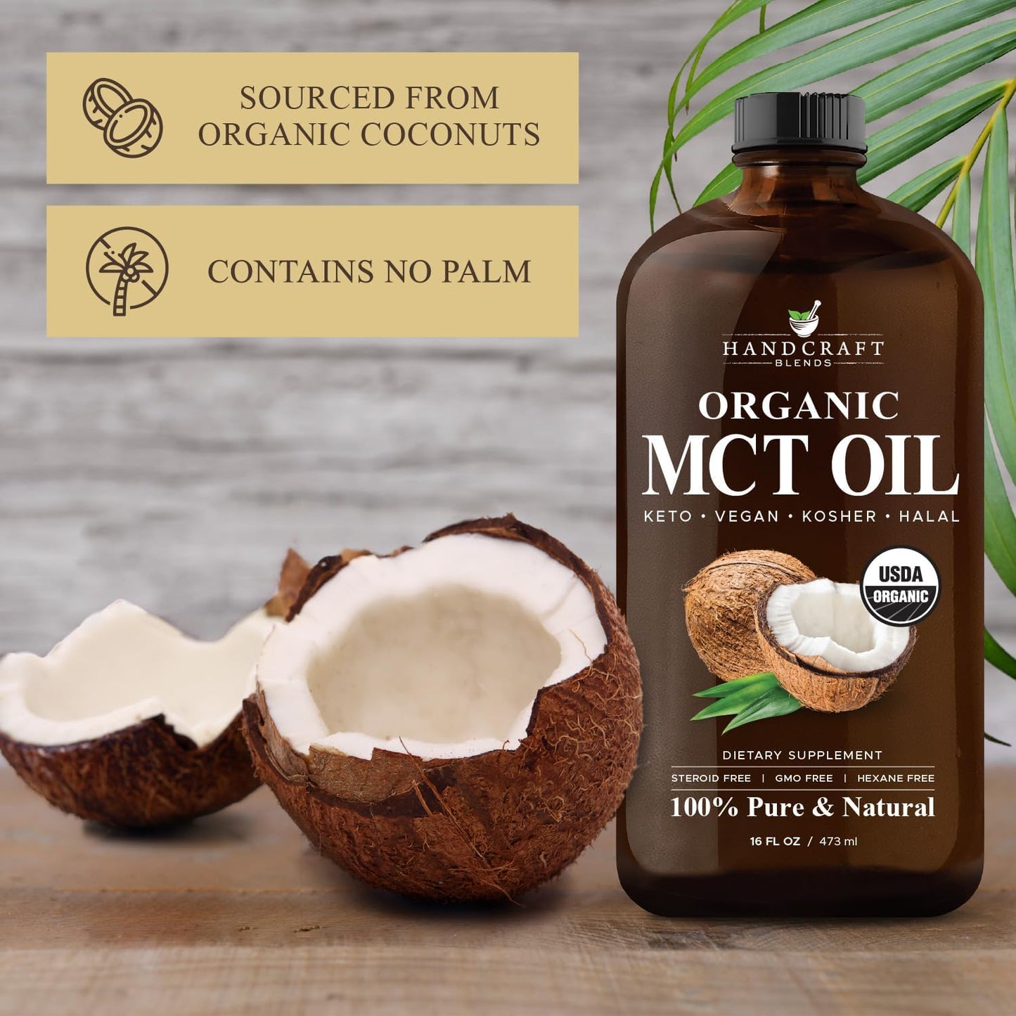 Organic MCT Oil 16 Fl oz - Handcrafted from Coconuts, Keto Friendly, Non-GMO, Vegan - Ideal for Coffee, Tea, and Beverages