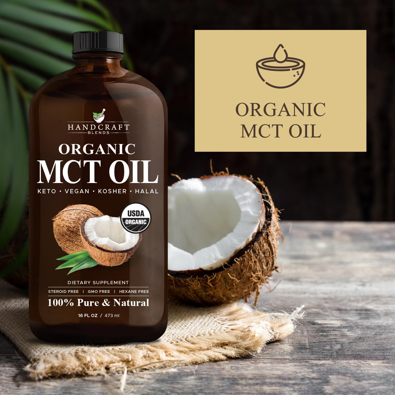 Organic MCT Oil 16 Fl oz - Handcrafted from Coconuts, Keto Friendly, Non-GMO, Vegan - Ideal for Coffee, Tea, and Beverages