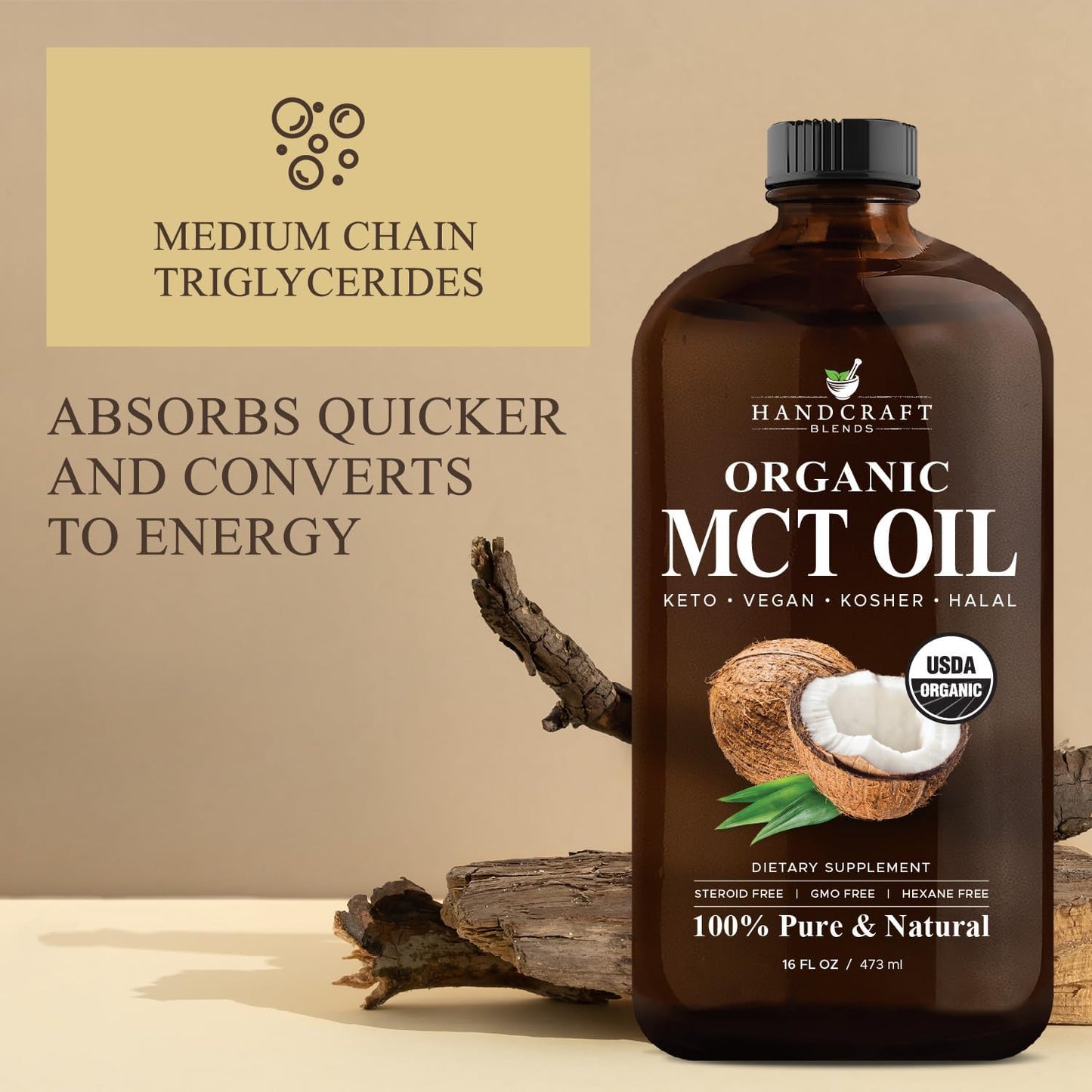 Organic MCT Oil 16 Fl oz - Handcrafted from Coconuts, Keto Friendly, Non-GMO, Vegan - Ideal for Coffee, Tea, and Beverages