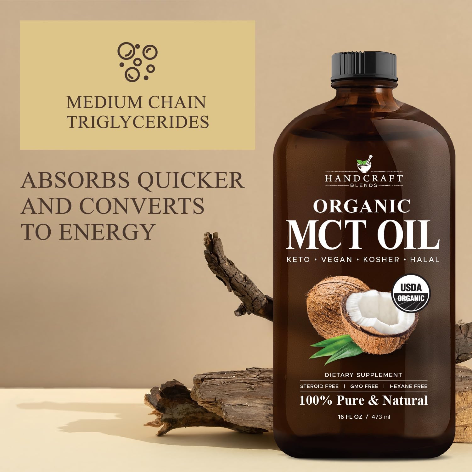 Organic MCT Oil 16 Fl oz - Handcrafted from Coconuts, Keto Friendly, Non-GMO, Vegan - Ideal for Coffee, Tea, and Beverages