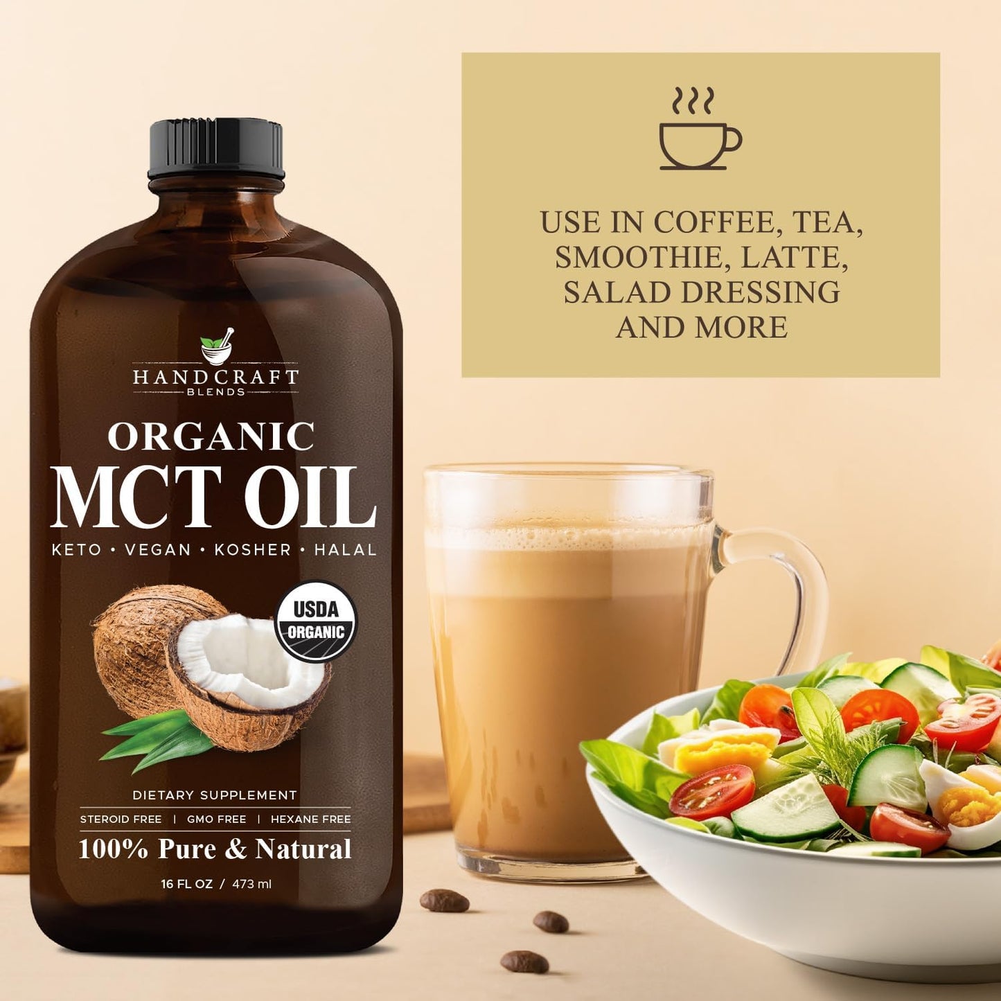 Organic MCT Oil 16 Fl oz - Handcrafted from Coconuts, Keto Friendly, Non-GMO, Vegan - Ideal for Coffee, Tea, and Beverages