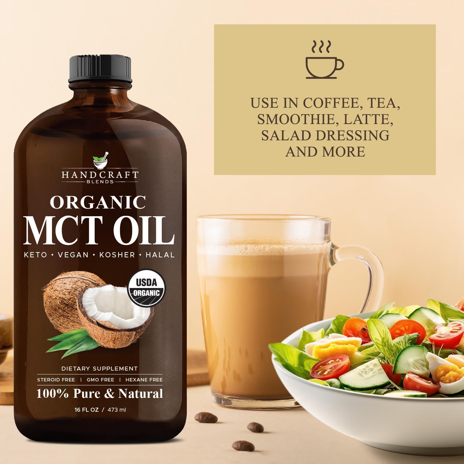 Organic MCT Oil 16 Fl oz - Handcrafted from Coconuts, Keto Friendly, Non-GMO, Vegan - Ideal for Coffee, Tea, and Beverages