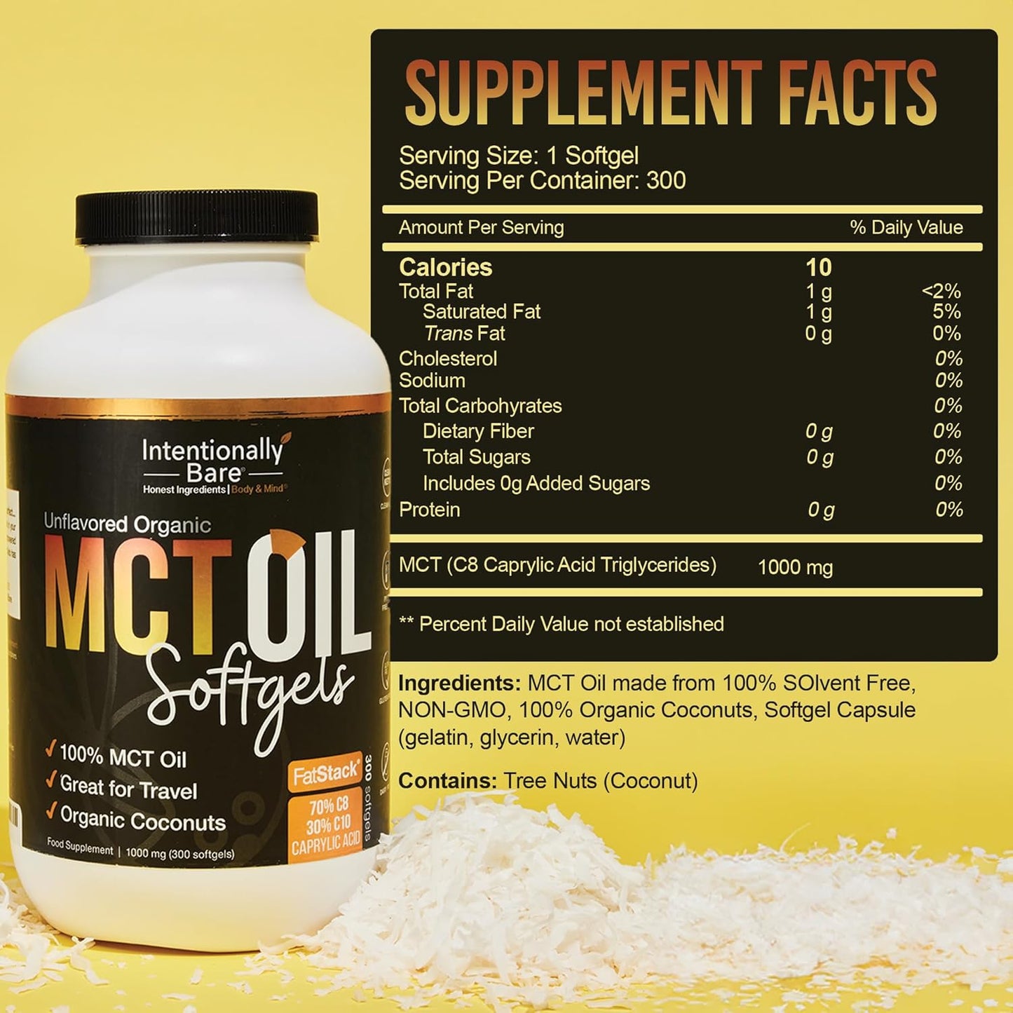 Organic MCT Oil Capsules - High C8 & C10 MCT Blend for Keto Diet - Energy, Mood & Focus Support - Non-GMO 300 Softgels
