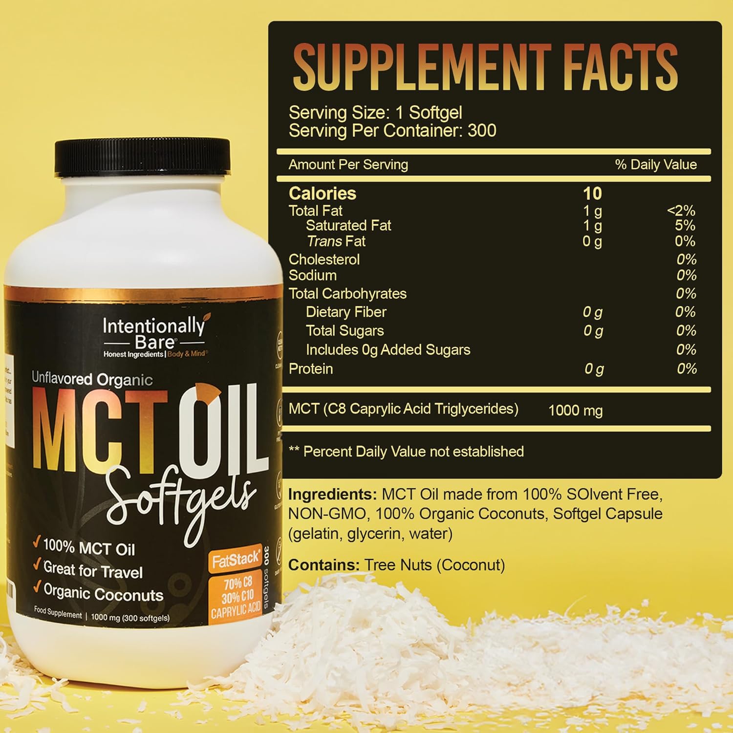 Organic MCT Oil Capsules - High C8 & C10 MCT Blend for Keto Diet - Energy, Mood & Focus Support - Non-GMO 300 Softgels