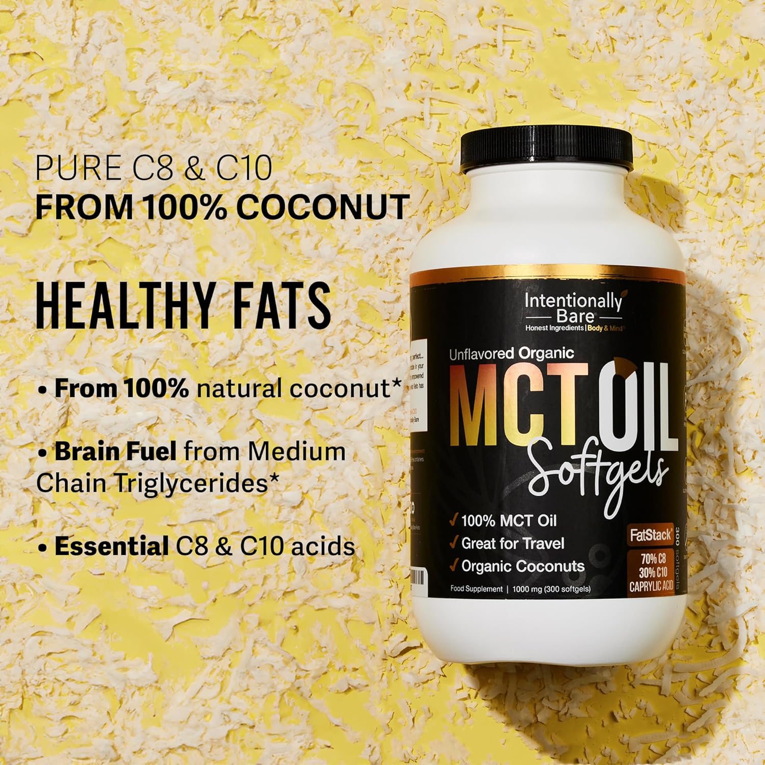 Organic MCT Oil Capsules - High C8 & C10 MCT Blend for Keto Diet - Energy, Mood & Focus Support - Non-GMO 300 Softgels