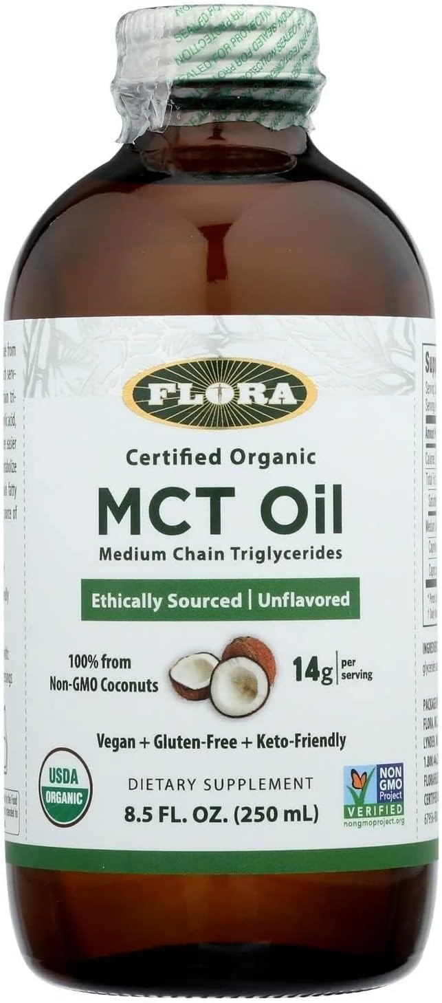 Organic MCT Oil for Energy Boost, C8 Caprylic & C10 Capric Acids, Keto, Kosher, Non-GMO, 100% Coconut Sourced, 8.5 Fl Oz, Glass Bottle