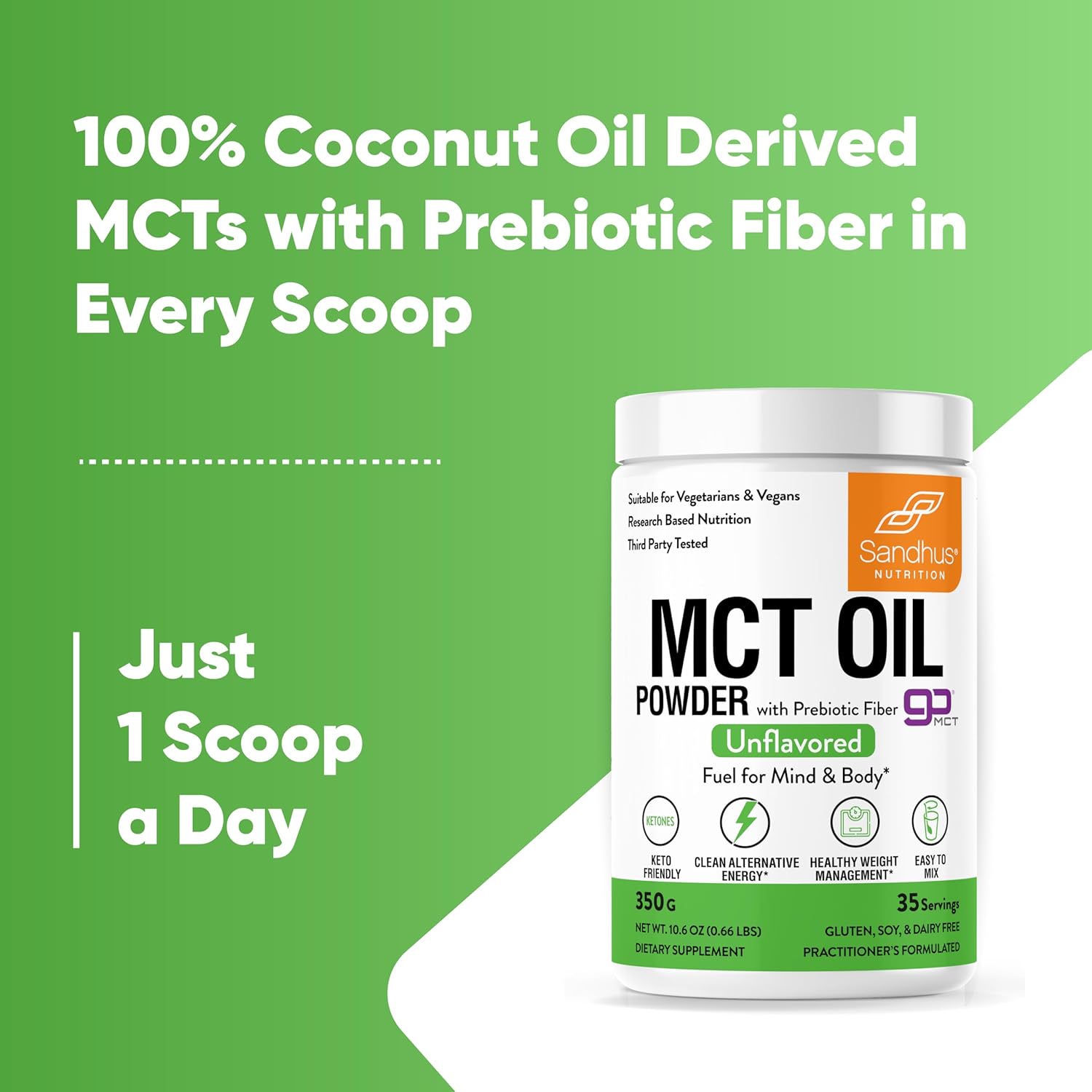 Organic MCT Oil Powder with Prebiotic Fiber | 35 Servings | Keto-Friendly | Body + Brain Fuel | 100% Coconut Oil Derived | Easy to Mix in Tea, Coffee, or Creamer - 10.6 Oz