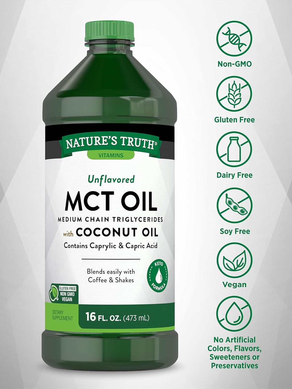 Organic MCT Oil with Coconut Oil - 16 fl. oz | Keto, Unflavored, Vegan, Non-GMO, Gluten Free Formula by Nature's Truth