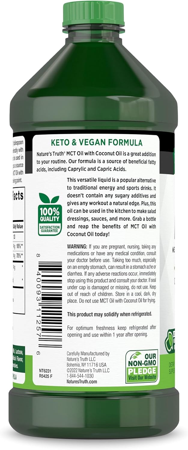 Organic MCT Oil with Coconut Oil - 16 fl. oz | Keto, Unflavored, Vegan, Non-GMO, Gluten Free Formula by Nature's Truth