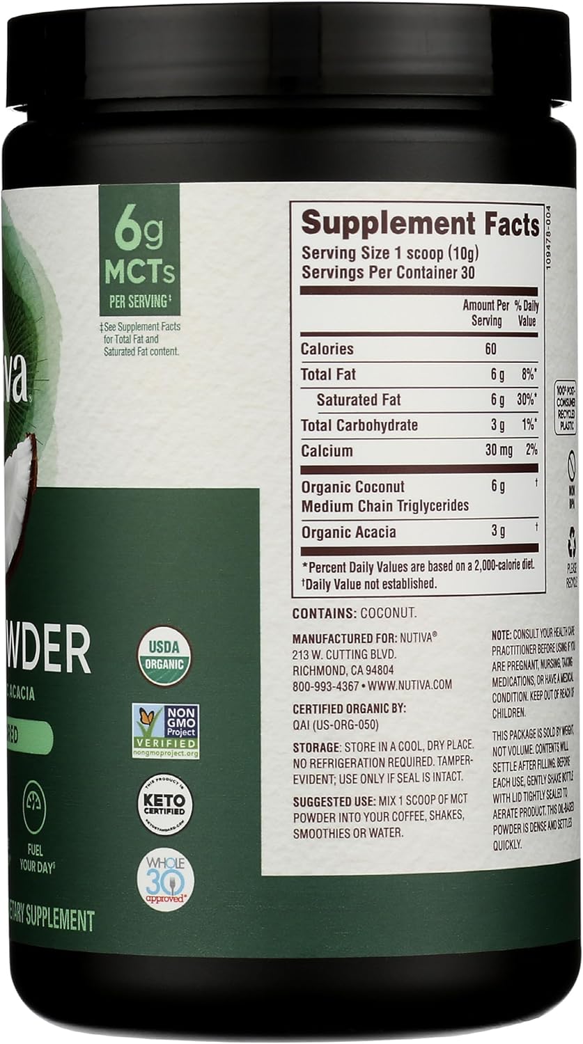 Organic MCT Powder with Prebiotic Acacia Fiber, Classic Flavor, 10.6 Oz - USDA Organic, Non-GMO, Vegan, Gluten-Free - Ideal for Coffee & Smoothies Boost