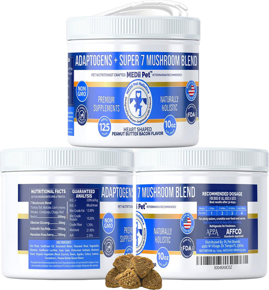 Organic MEDii Pet Dog Mushroom Supplement - Top 7 Mushrooms for Dogs, 125 Count - Boost Immunity, Promote Health, Control Toxins - Holistic Vegan Ingredients