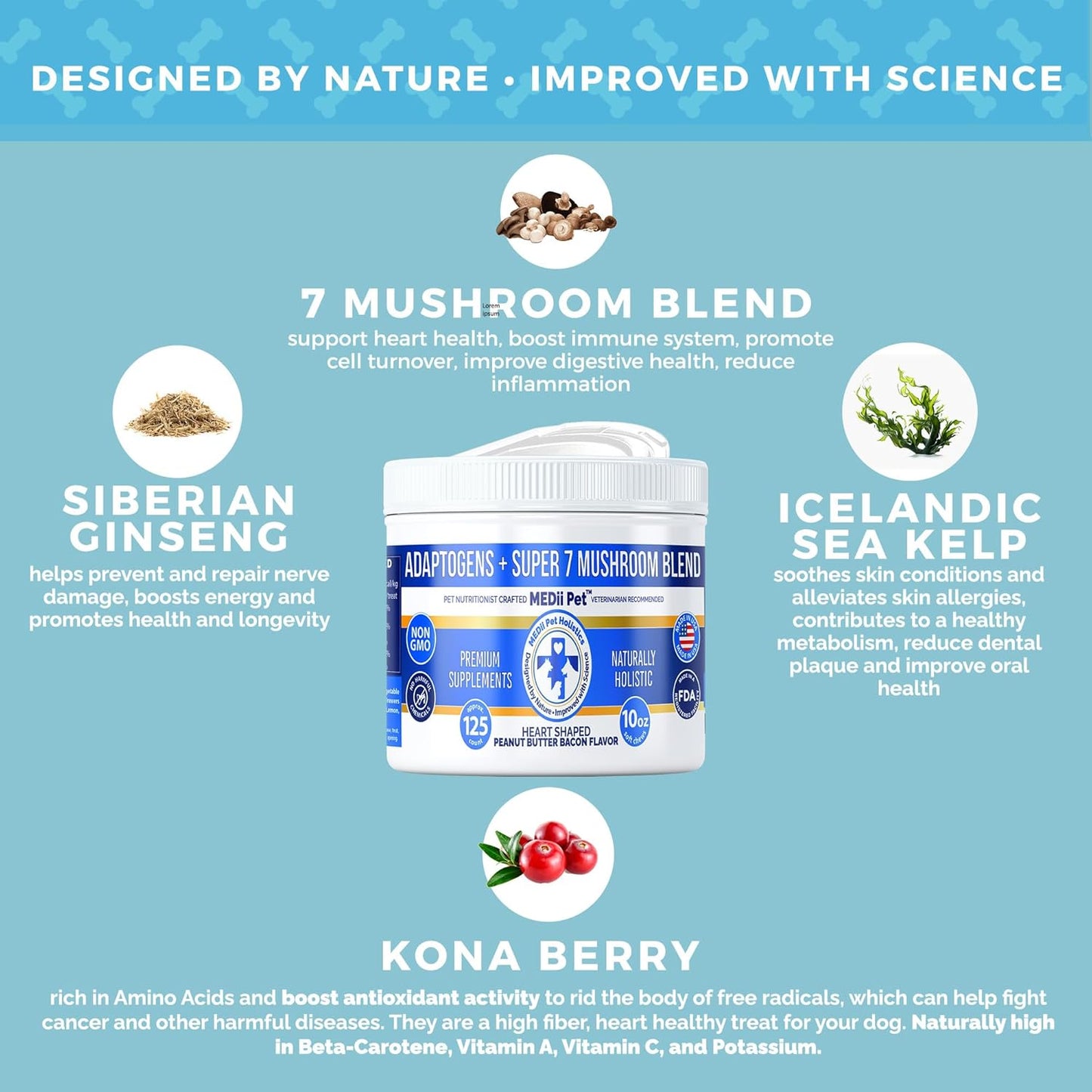 Organic MEDii Pet Dog Mushroom Supplement - Top 7 Mushrooms for Dogs, 125 Count - Boost Immunity, Promote Health, Control Toxins - Holistic Vegan Ingredients