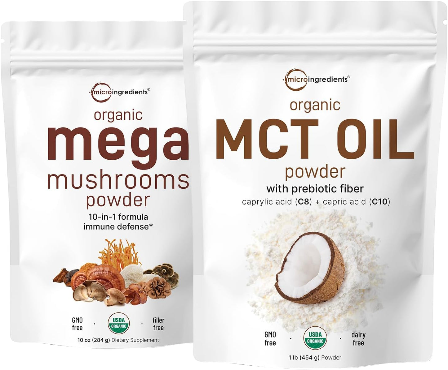 Organic Mega Mushroom Powder & MCT Oil Powder Bundle | 10oz & 1lb Pack | 10 in 1 Mushroom Complex with C8 MCT Oil