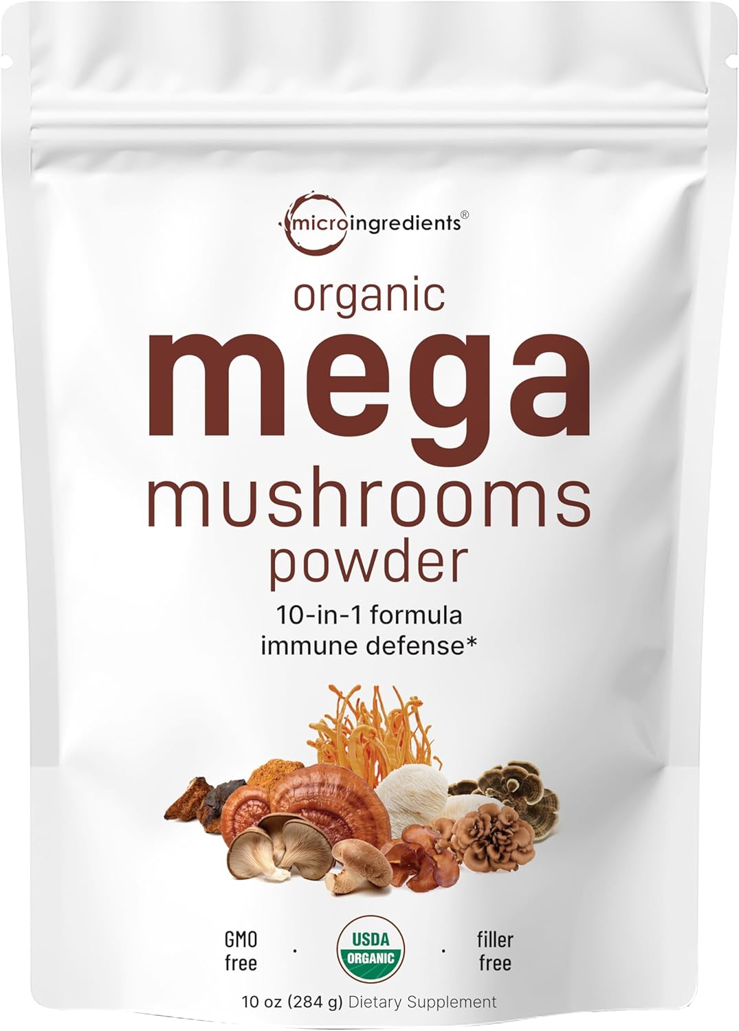Organic Mega Mushroom Powder & MCT Oil Powder Bundle | 10oz & 1lb Pack | 10 in 1 Mushroom Complex with C8 MCT Oil