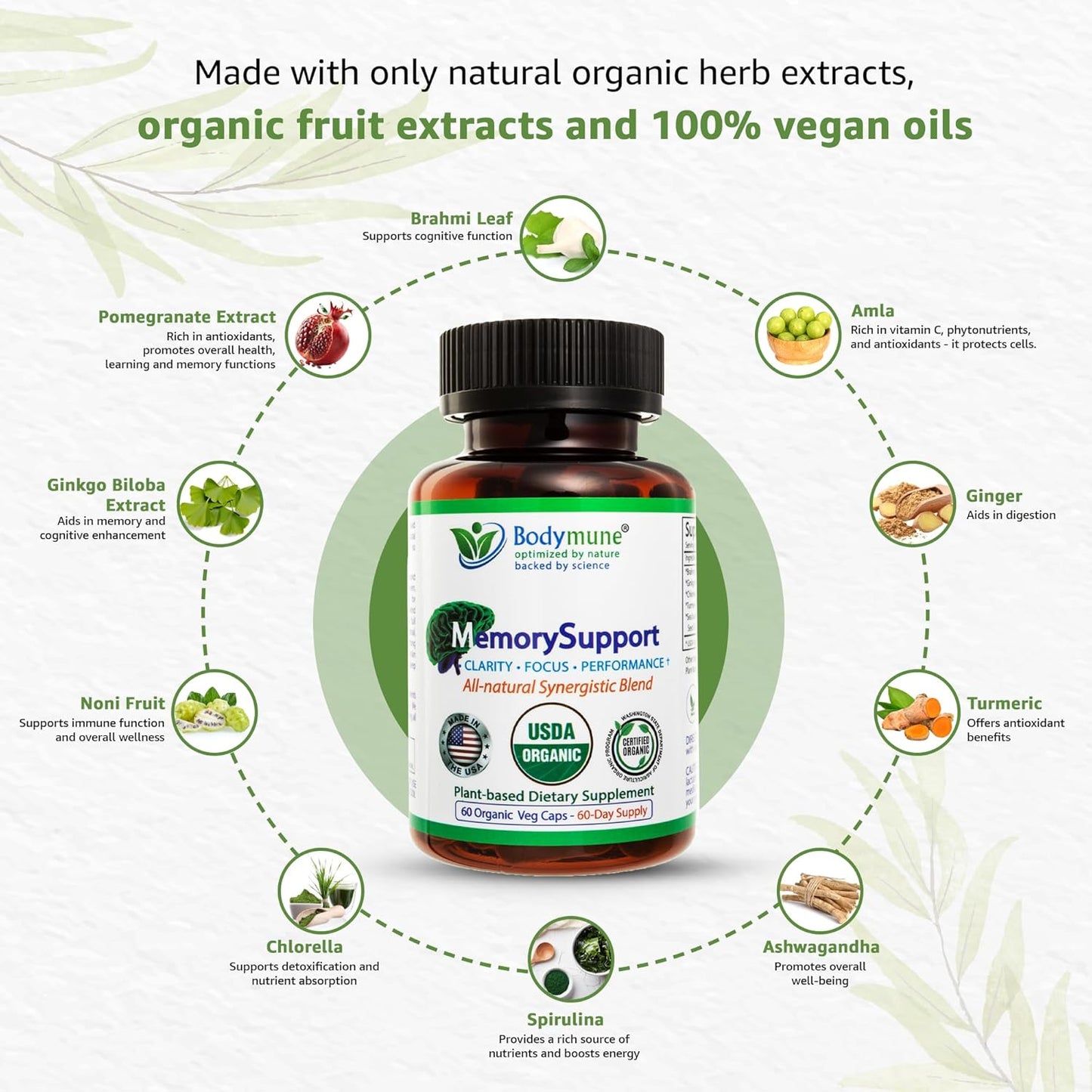 Organic Memory Support Supplement with Ginkgo Biloba and Ashwagandha for Mental Fatigue