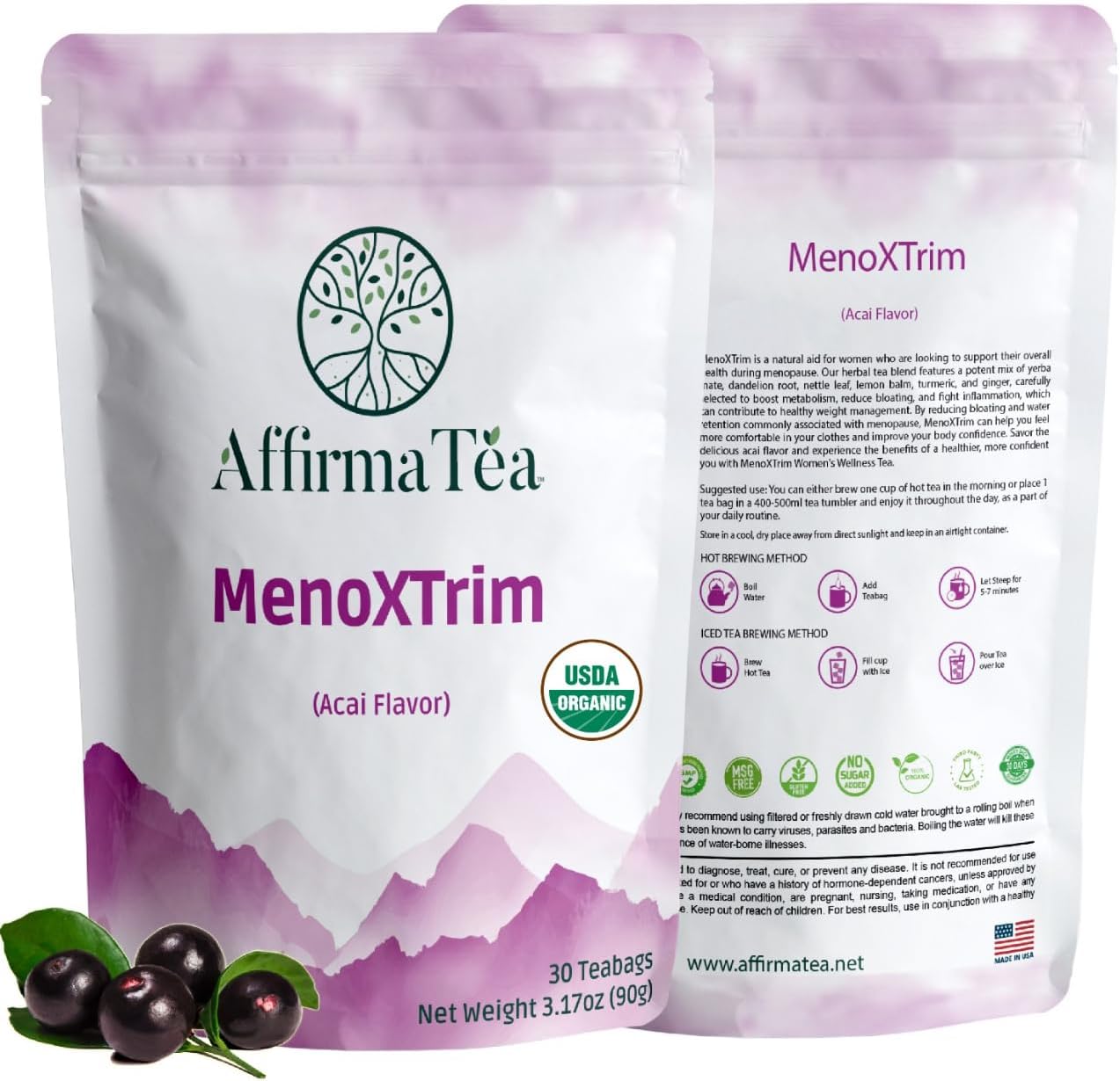 Organic Menopause Relief Tea for Hormone Balance, Bloating, and Hot Flashes - Yerba Mate, Dandelion, Nettle Leaf, Lemon Balm, Turmeric, and Ginger - Natural Açai Flavor